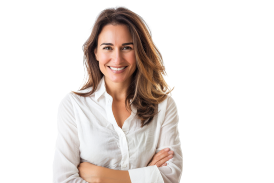 Charming woman smiling warmly, arms crossed, isolated on white background