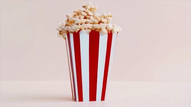 Movie theatre popcorn paper box on white background. Red and white plastic glass full of popcorn 