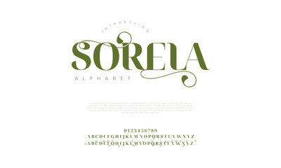 Sorela swash luxury elegant alphabet letters and numbers. Vintage wedding typography classic serif font decorative vintage retro. creative vector illustration