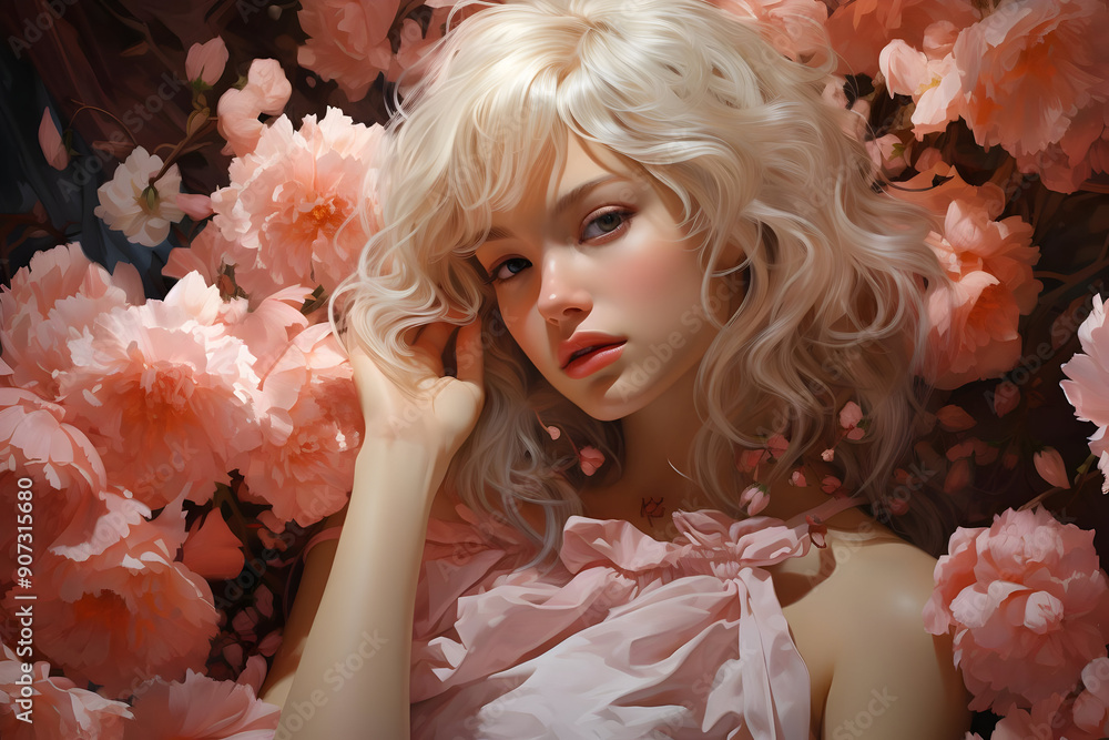 Wall mural Blond Woman in a Sea of Pink Flowers