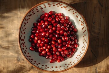 Angel Red Pomegranate in a bowl, Top View, Golden Ratio, Natural Light, Food Photography, indoor Background