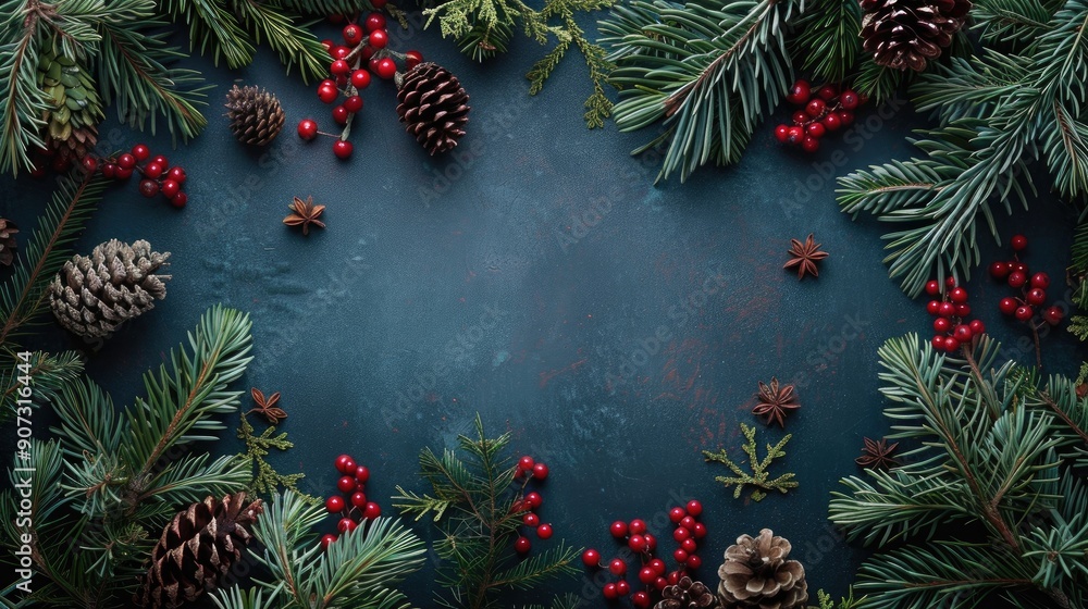 Poster christmas backdrop created with branches of various evergreen trees red berries and pine cones flat 