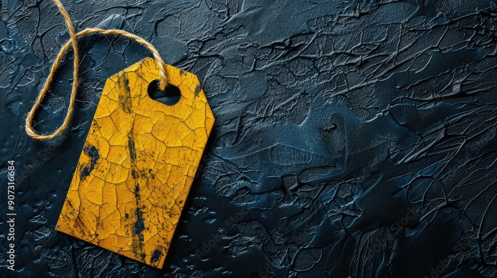 Poster paper tag with yellow border on black background with wrinkles and scratches close up top view and c