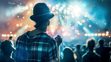 A music festival with a brightly lit stage. AI generative.