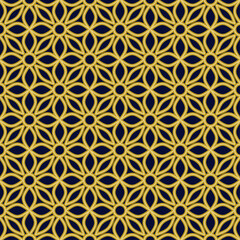 Seamless pattern consisting of golden lines with floral shapes arranged symmetrically and repeating. Suitable for various design purposes such as textiles, tiles, wallpapers, backgrounds, etc.
