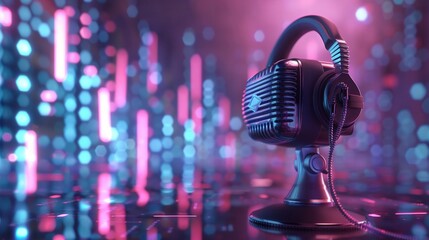 3D music podcast, microphone, headphones, digital waves, modern theme