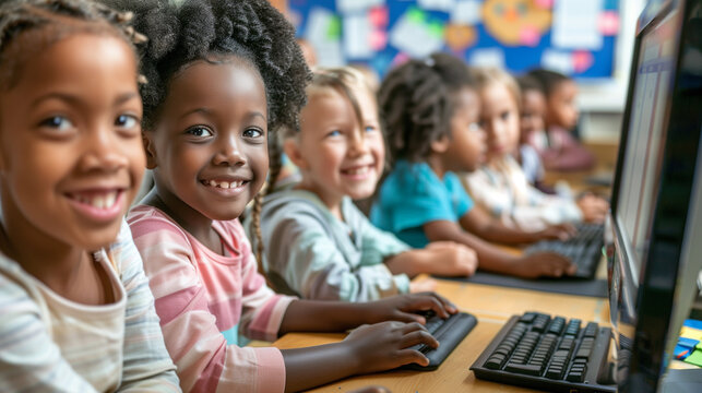  Diverse group of children learning computer together in classroom setting
