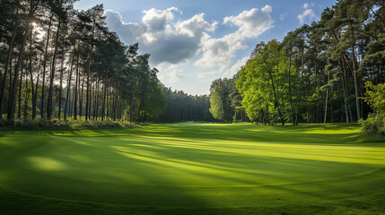 Naklejka premium Green grass and woods on a golf field