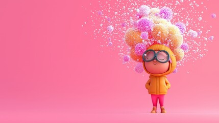 Colorful girl character with playful hairstyle and vibrant background, showcasing creativity and imagination.