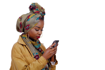 Confident African American woman wearing headscarf and using smartphone Isolated on white background
