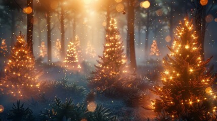 Fototapeta premium A magical Christmas forest with twinkling lights adorning the trees. The soft glow creates a warm and inviting atmosphere.