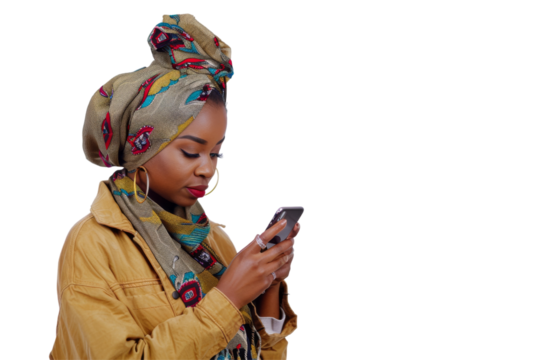 Confident African American woman wearing headscarf and using smartphone Isolated on white background