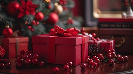 Radiant Red Gift Box with Ribbon Bow on White Background - Perfect for Birthdays, Christmas, and Special Occasions - Stock Photo