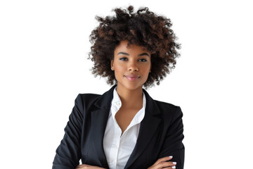 Confident afro woman posing with hands on waist, formal attire, Isolated on white background