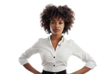 Confident afro woman posing with hands on waist, formal attire, Isolated on white background
