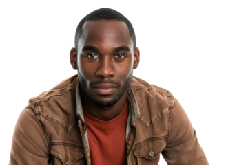 Confident black man in casual clothing, direct eye contact, isolated on white background