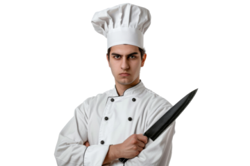 Confident young chef holding a knife, isolated on white background