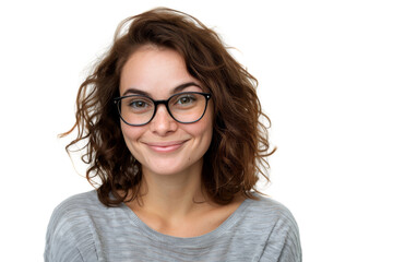 Fototapeta premium Confident woman with joyful expression, wearing glasses, isolated on white background