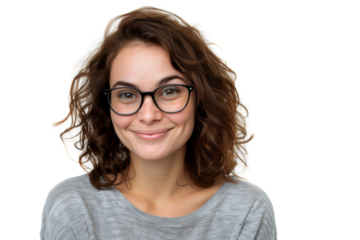 Confident woman with joyful expression, wearing glasses, isolated on white background