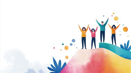 Startup success, celebrating milestones, enthusiastic team, Watercolor style