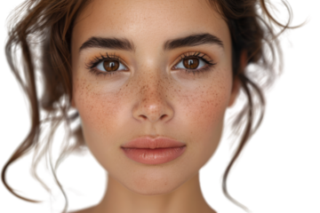 Confident young woman with brown eyes and folded arms Isolated on white background