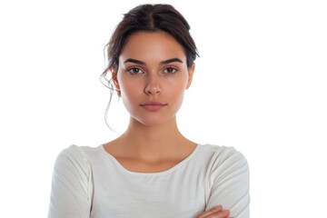 Fototapeta premium Confident young woman with brown eyes and folded arms Isolated on white background