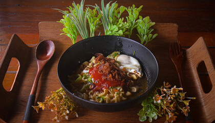 Special Fried Noodles with a Touch of Traditional Spices and Half Boiled Eggs, top view