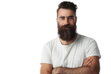 Content man with beard, isolated on white background