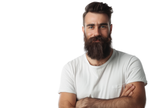 Content man with beard, isolated on white background
