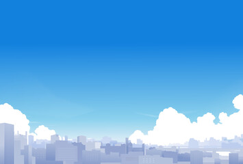 入道雲のある夏の空と都会のビル群のイラスト
