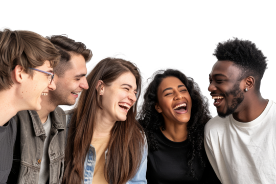 Diverse friends laughing and enjoying time together Isolated on white background - Powered by Adobe