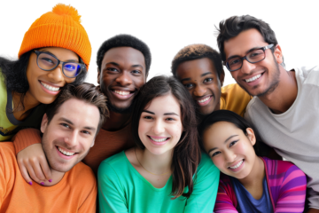 Diverse group of happy people smiling and bonding together Isolated on white background