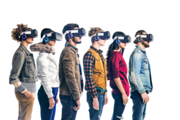 Diverse team in VR headsets, isolated on white background