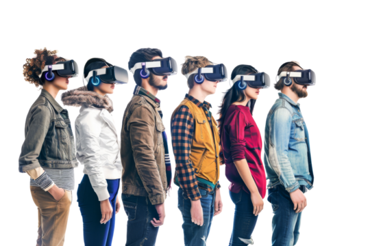 Diverse team in VR headsets, isolated on white background