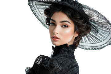 Elegant woman in a stylish black dress with soft lighting and smooth skin Isolated on white background