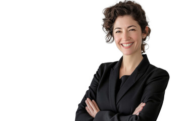 Elegant woman in professional attire smiling, isolated on white background