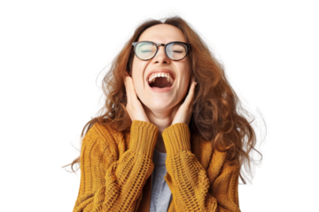 Excited woman in glasses showing happiness Isolated on white background