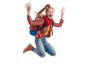 Excited young woman with backpack, jumping, isolated on white background