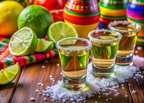 Vibrant lime wedges and salt rimmed shot glasses surround a gleaming tequila bottle with a bold, colorful background, celebrating a festive drinking occasion.