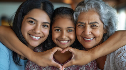 A joyous moment capturing three generations of women: a grandmother, mother, and daughter, sharing a close embrace and forming a heart shape with their hands.