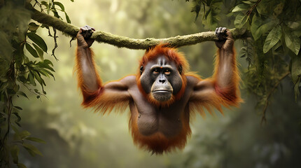 Naklejka premium Artistic render of a Sumatran orangutan hanging from branches in the rainforest canopy, emphasizing its expressive face and lush surroundings with a plain background and ample copy space.