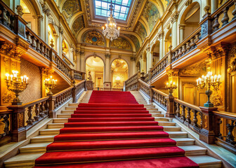 Obraz premium Opulent grand staircase with intricately carved golden banisters sweeps upward, bordered by rich red carpet, against a backdrop of lavish palace interior ornate details.