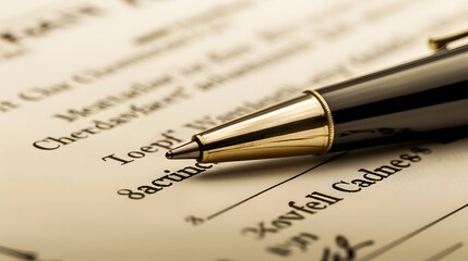 A close-up of a gold pen resting on a legal document, with the tip of the pen positioned above the signature line.