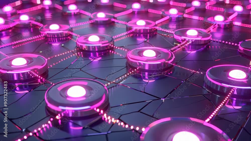 Aufkleber futuristic neon-lit network of glowing nodes connected by lines, representing advanced technology an