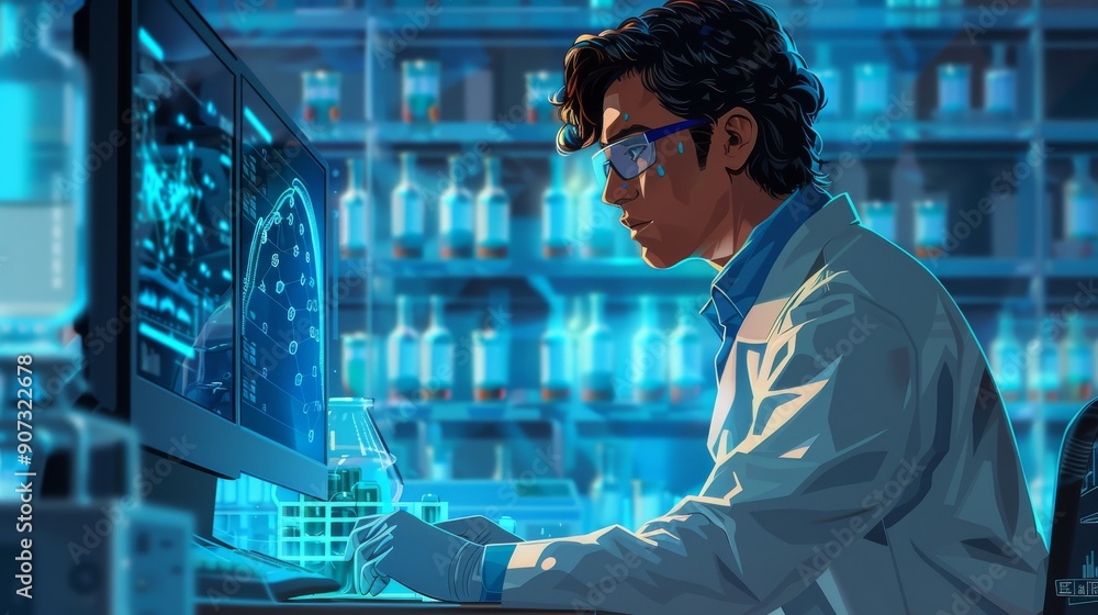 Poster cartoon vector scientist analyzing genetic data on a computer screen in a lab