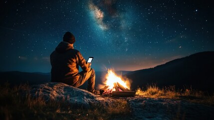 Man Sitting by a Campfire Under a Starry Sky