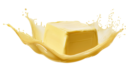 A fresh block of butter splashing into milk, capturing the moment of impact with creamy, smooth textures and golden yellow color.