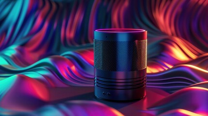 3D portable speaker, colorful sound waves, modern background
