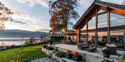 Obraz premium scandinavian beautiful wooden house. AI generative.