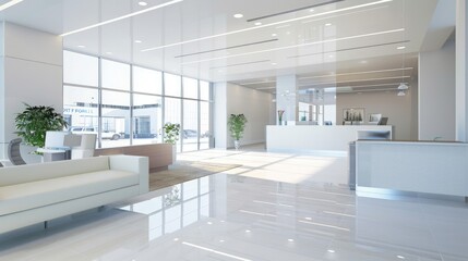 A spacious and bright modern office lobby featuring sleek white furniture, large windows, and stylish decor, creating a welcoming environment..